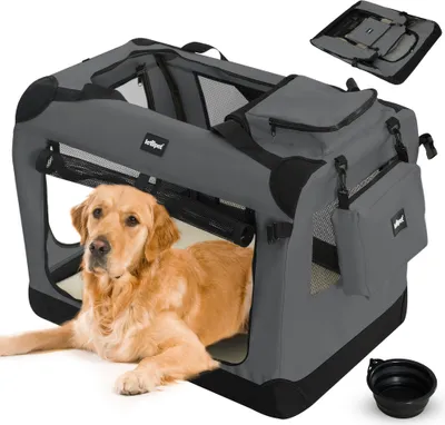 Produktbild von Leopet® Hundebox - Faltbar, S/M/L/XL/XXL/XXXL, Stoff, mit Napf - Transportbox, Transporttasche, Tragetasche, Hunde, Katzen, Haustier, XXXL, Anthrazit