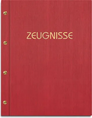 Produktbild von Zeugnismappe im roten Einband in Leinenoptik, mit hochwertigem Prägedruck in gold – handgefertigte Mappe inkl. 12 Sichthüllen