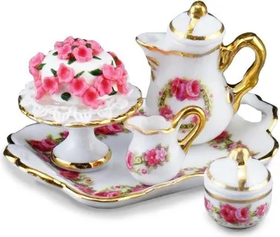 Produktbild von Miniatur Tablett mit Kanne und Rosenkuchen für Sammler