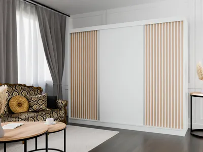 Produktbild von Kleiderschrank Lili mit Lamellen 250 cm inklusive 3 Schiebetüren Schwebetürenschrank Kleiderstange Garderobe Schrank Lieferung bis in die Wohnung (Farbe: weiß, weiß, Lamelle wotan)