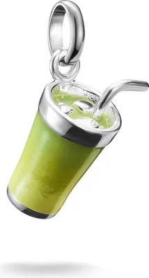 A silver charm in the shape of a green drink with a straw, suspended by a silver loop.