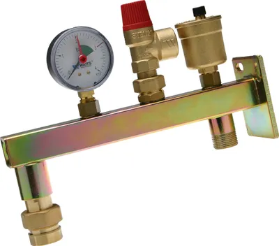 A plumbing component with a pressure gauge, safety valve, and air vent, mounted on a metal bracket.