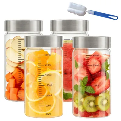 Glasflaschen mit Edelstahldeckel, 300 ml, 4er-Set, wiederverwendbar