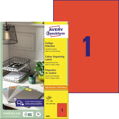 Immagine prodotto di Avery - Etiketten - Rot - A4 (210 x 297 mm) - 100 Stck. (100 Bogen x 1) (3470)