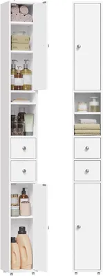 Produktbild von Badezimmerschrank, 20 x 20 x 180 cm, Aufbewahrungsschrank mit verstellbaren Ablagen, Weiß