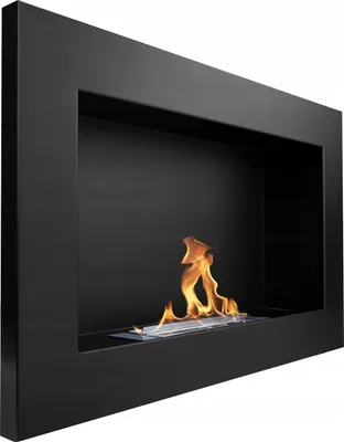 A black, wall-mounted bioethanol fireplace with a flame burning inside.