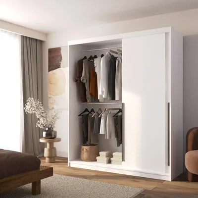 Produktbild von Kleiderschrank Weiß mit Schubladen Schiebetüren Garderobenschrank 180 cm modern ADAPTE