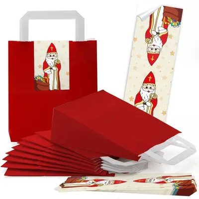 Produktbild von 5 rote kleine Papiertüten Papiertaschen Boden u. Henkel 18 x 8 x 22 cm + 5 Banderolen Aufkleber 5 x 14,8 cm Weihnachten HEILIGER NIKOLAUS beige weiß klassisch Nikolaus-SäckchenHeiliger Nikolaus / 50 Stück