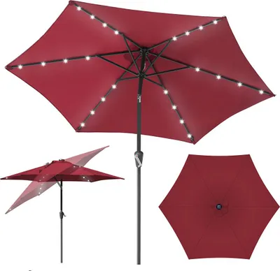 Produktbild von Izrielar 2.7m Sonnenschirm UV50+ Neigbar Sonnenschutz Gartenschirm Strandschirm LED Solar, knickbar, Schirmtuch mit PA-Beschichtung, Rot