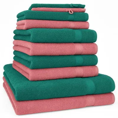 Produktbild von Betz 10-tlg. Handtuch-Set PREMIUM 2 Duschtücher 4 Handtücher 2 Gästetücher 2 Waschhandschuhe  Farbe:   smaragdgrün & altrosa