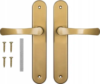 A set of gold-colored door handles with screws and a metal bar.