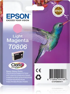 Produktbild von Epson Hummingbird Singlepack Light Magenta T0806 Claria Photographic Ink, Standardertrag, Magenta, Tinte auf Pigmentbasis, 7,4 ml, 1 Stück(e), Einzelpackung