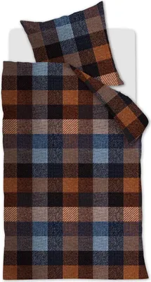 A folded duvet cover and pillowcase set with a plaid pattern.