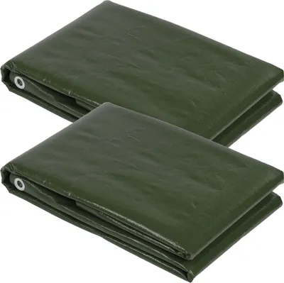 Two folded green tarpaulins are shown on a white background.