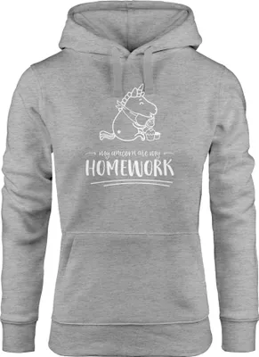 Produktbild von Damen Hoodie Einhorn My Unicorn ate my Homework Sprüche Spruch Kapuzen-Pullover Moonworks® grau M