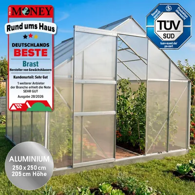 Produktbild von BRAST Gewächshaus Aluminium mit Fundament | 250x250x205cm | 6mm Hohlkammerplatten | rostfrei wetterfest temperaturbeständig | Silber