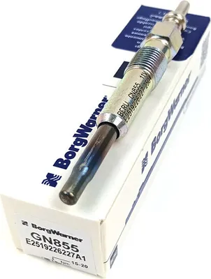 A BorgWarner GN855 glow plug is shown resting on its packaging.