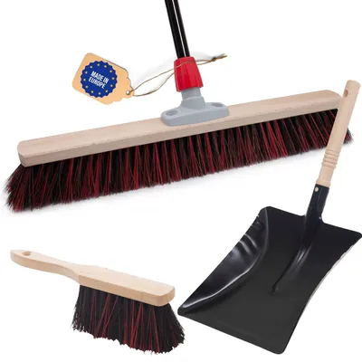 Produktbild von Novaliv Straßenbesen mit Stiel 60 cm Arenga-Elaston Borsten inkl. Kehrgarnitur verzinkt mit Gummilippe bestehend aus Kehrblech & Handfeger Idealer Gartenbesen Terassenbesen Hofbesen Stallbesen