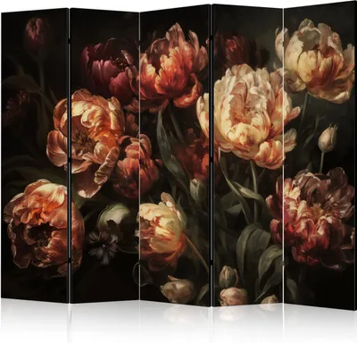 Produktbild von 5-teiliger Doppelseitiger Vlies Paravent - Magnificent Tulips - Bouquet of Flowers in Red and White on a Black Background 225x172 cm b-H-10024-z-b