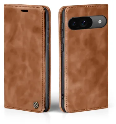A brown leather flip case for a Google Pixel phone is shown from the front and back.