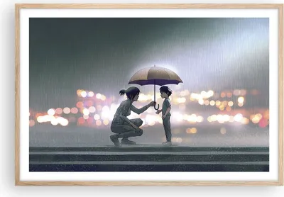 Produktbild von Gerahmtes Poster - Rahmen in heller Eiche - Manga Regenschirm Hilfe - 91,5x61 cm - Wand Bild - Wanddeko - Wandbilder - Kunstposter - Wandposter - Bilderrahmen - Bilder - Kunstdruck - P2NAA91x61-4741