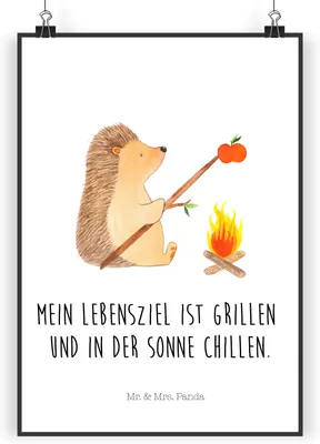 Produktbild von Mr. & Mrs. Panda Bild Igel Grillen DIN A3 - Weiß - Geschenk, drucke, Spruch, Plakat, Deko, Wandbild, wanddeko, Lustige Sprüche, Sinn Des Lebens, Motivation, Ziele