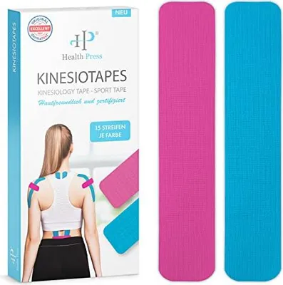 Produktbild von Health Press Kinesiotapes - 30 Kinesiologie Tape Streifen Precut Blau + Rosa (25cm x 5cm)