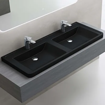 Image de doporro Double Lavabo à Encastrer Noir Mat Vasque en Solid Surface Lave Mains Rectangulaire de Qualité pour Salle de Bain 120x48x14,5cm Colossum08