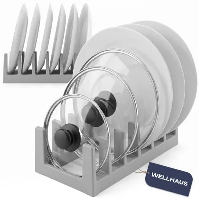 Produktbild von WELLHAUS Deckelhalter Tellerhalter Organizer grau für 6 Deckel Teller, KI-generiertes Bild
