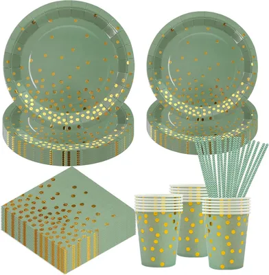 Productafbeelding van Saliegroen - Set van 50 - Feestservies - Verjaardag - Saliegroen met gouden stippen - Borden - Servetten - Kopjes