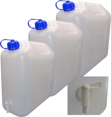 Produktbild von 3 x 20 L Kanister mit Deckel, Zapfhahn und Ausgießer, natur Trinkwasser