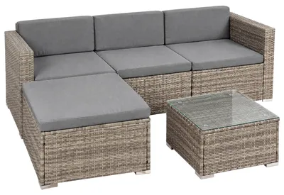 Produktbild von Gartenmöbel 5tlg. Sitzgruppe Sofa Polyrattan Essgarnitur Sitzkissen grau/schwarz