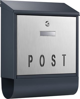 Wiltec Designer Briefkasten V38 Anthrazit und Edelstahl 305 x 105 x 385 mm, Wandbriefkasten mit Schloss, Namensschild, Zeitungsrolle, Postkasten aus galvanisiertem Stahl