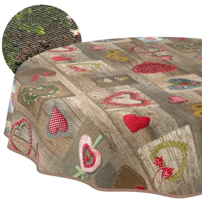 Tischdecke 140x140cm Rund Braun abwaschbar Baumwolloptik Trachtenherzen Braun wetterfest, Hauptbild