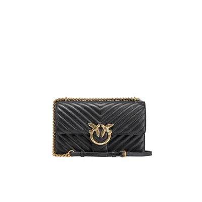 A black leather handbag with a gold chain strap and a gold bird clasp.