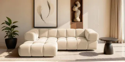 Produktbild von Ecksofa Designersofa BLANCHE in Stoff Bluvel Creme Ottomane Links