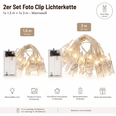 Produktbild von 2er Set Foto Clip Lichterkette Warmweiß – 1.5m + 3m LED Fotolichterkette, Batteriebetrieben, Deko für Fotos, Schlafzimmer & Geschenkidee, E0206