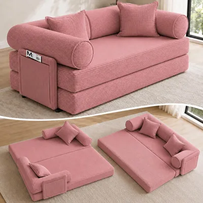 Produktbild von HOOLAMYIE 6-in-1 Modulares Schlafsofa aus Cord, Klappbares Polstersofa mit Seitentasche, montagefrei, Bodensofa 2-Sitzer, Rosa