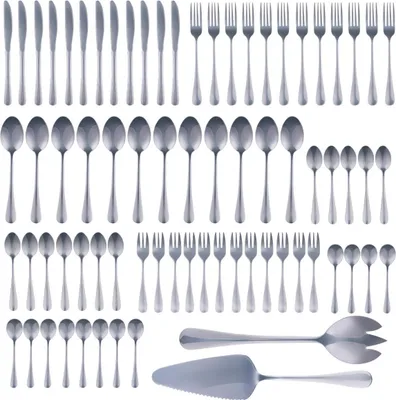 Image de Set de couverts Alpina 75 pièces pour 12 personnes – Set de couverts en acier inoxydable – Couteaux, fourchettes, cuillères, cuillères à café, cuillères à café, fourchettes à gâteau, couverts à salade, pelle à tarte – Set complet