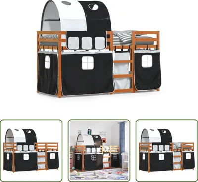 Produktbild von The Living Store Etagenbett mit Vorhängen Weiß & Schwarz 80x200 cm Kiefernholz