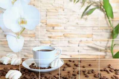 Produktbild von Fliesenaufkleber 15x15 cm – 24 Stück – Selbstklebend – Wasserfest – Pflegeleicht – Hitzebeständig – Für Küche & Bad – Kaffee mit Orchideenblüte