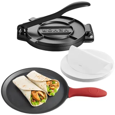 Image de VEVOR Presse à tortillas Presse à tacos (20 cm) en fer gris, robuste fabricant de pataconera avec poignée & 100 pcs. Papier parchemin, presse à pâte pour tortilla, pataconera colombienne professionnelle Roti Maker