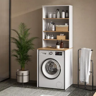 A washing machine with an overhanging shelf unit in a laundry room setting.
