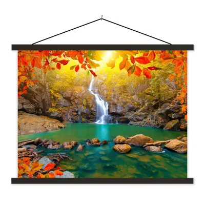 Produktbild von MuchoWow® Textilposter Steine - Baum - Wasserfall - Herbst - Rot 150x113 cm mit holzfarbenen Rahmen - Poster
