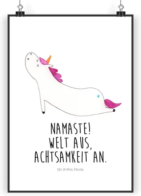 Produktbild von Mr. & Mrs. Panda Bild Einhorn Yoga DIN A4 - Weiß - Geschenk, Unicorn, Einhörner, wanddeko, Plakat, Wandbild, Namaste, drucke, Entspannung, Kunstdruck, Sport
