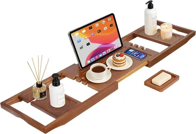Imagen del producto de Tabla de bambú extensible para bañera - Tabla ajustable para bañera - Tablas para bañera de 70-91 cm de ancho con portavasos - Color marrón