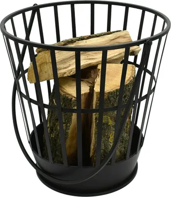 A black metal log holder filled with firewood, isolated on a white background.