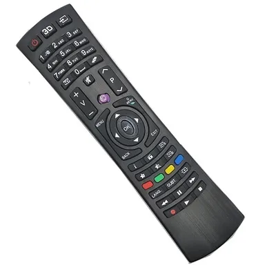 A black remote control is shown against a white background.