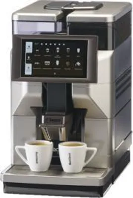 A front view of a Saeco espresso machine with two cups of coffee.