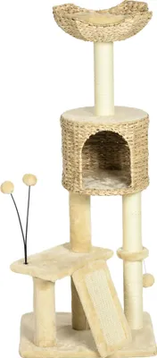 Produktbild von Kratzbaum mit Katzenhöhle, Liegeplattform, Spielball, 45x40x116cm, Braun/Beige